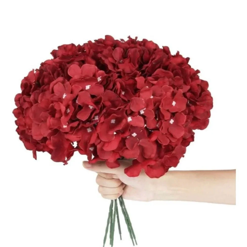 10 pack | Dark Red Silk Hydrangea Flower Stems Home Decor Wedding Bouquet Center - Picture 3 of 5